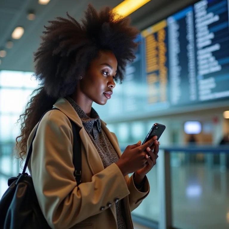 Mulher negra checando a previsão do tempo em aeroporto