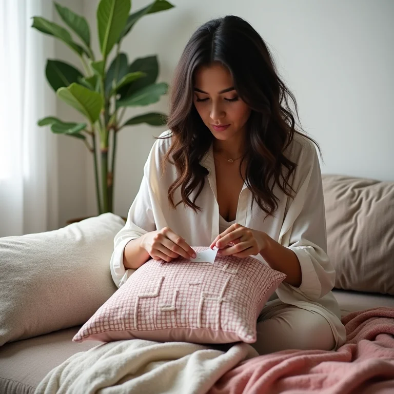 Mulher negra costurando almofada personalizada com tecido estampado.