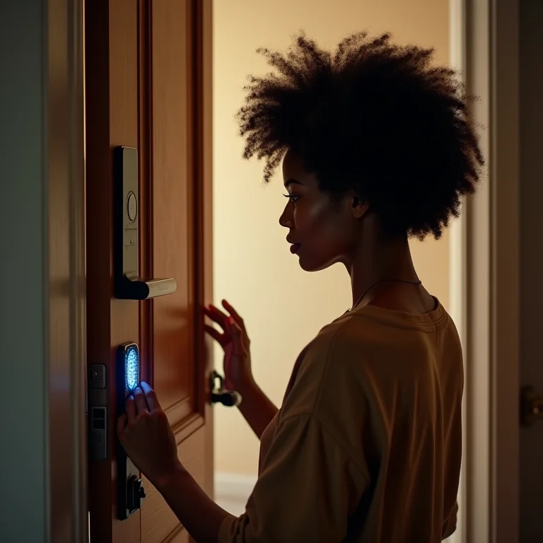 Mulher negra destrancando porta com biometria