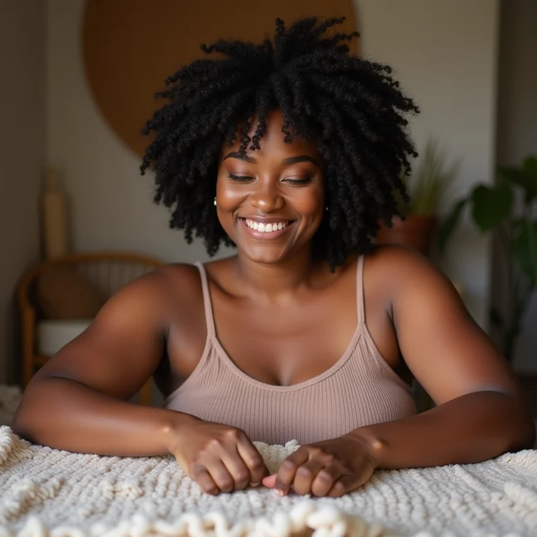 Mulher negra e sorridente fazendo um tapete artesanal como terapia