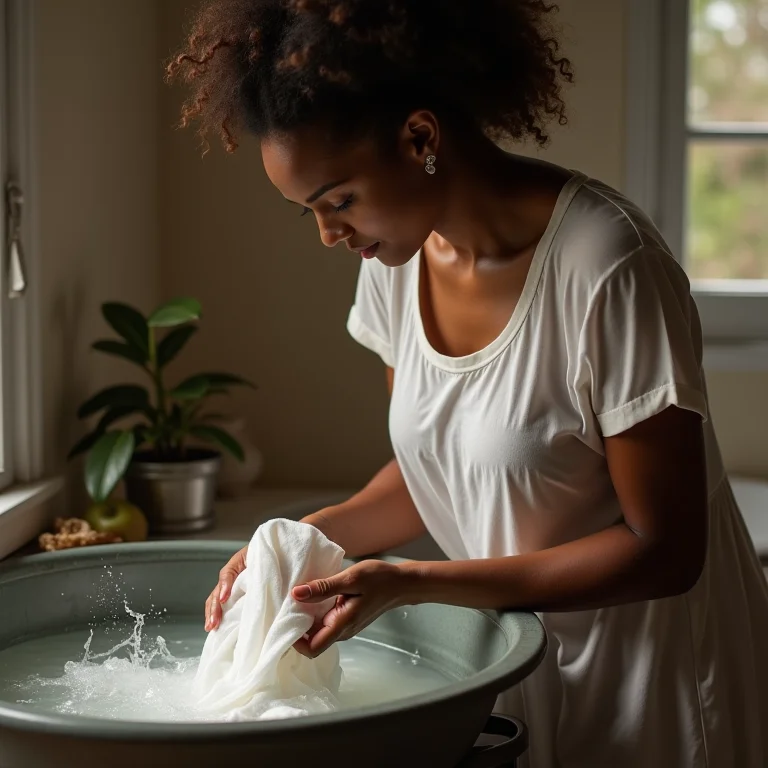 Mulher negra lavando roupa delicada à mão.