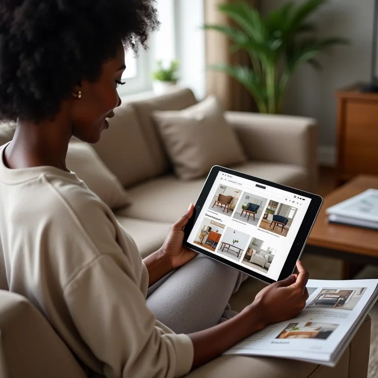 Mulher negra pesquisando cadeiras online em um tablet.
