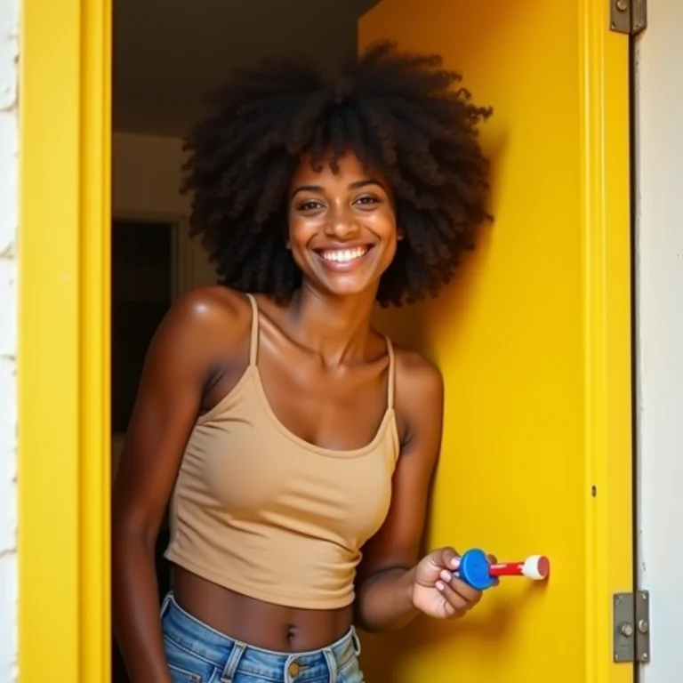 Mulher negra pintando porta de entrada de amarelo