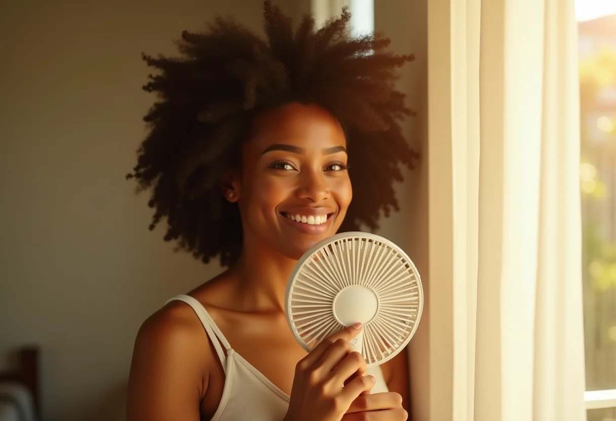 Mulher negra sorrindo aliviada com ventilador portátil em dia quente.