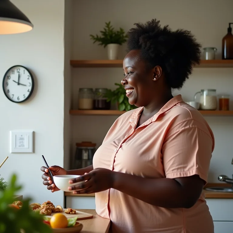 Mulher negra sorrindo checando as horas no relógio da cozinha