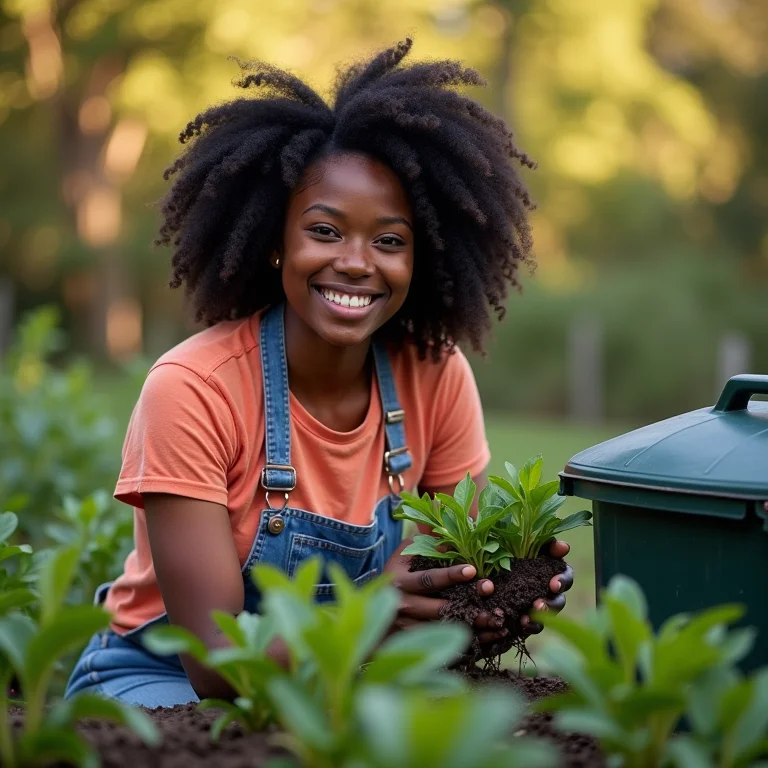 Mulher negra sorrindo cuidando do jardim com composteira
