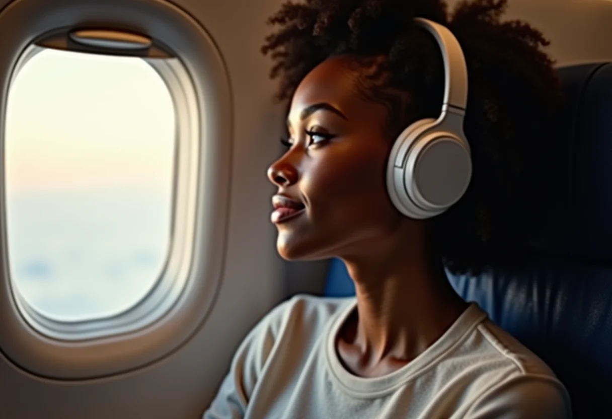 Mulher negra usando fones bluetooth em voo