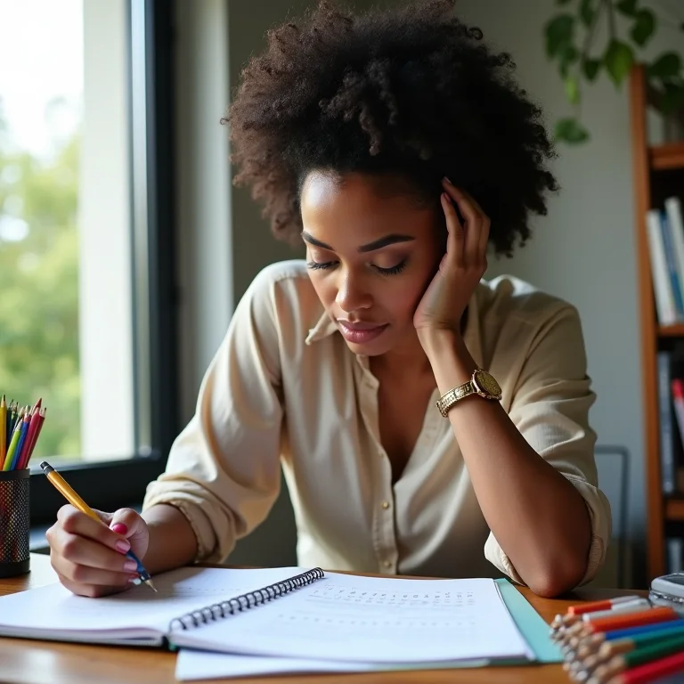 Mulher organizando a rotina em um caderno