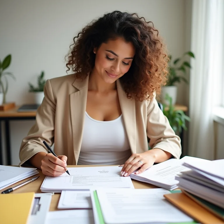Mulher organizando contas a pagar fisicamente