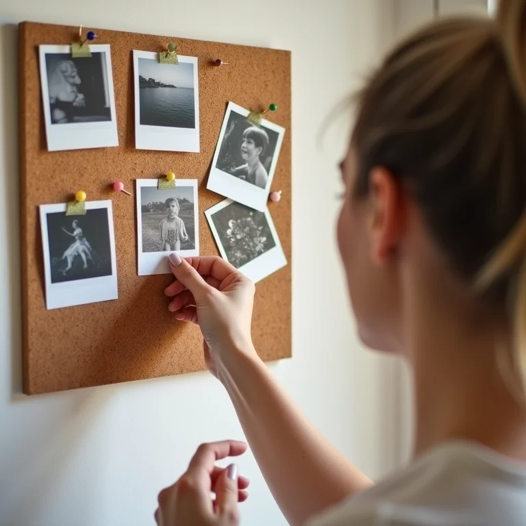 Mulher organizando fotos polaroid em um mural