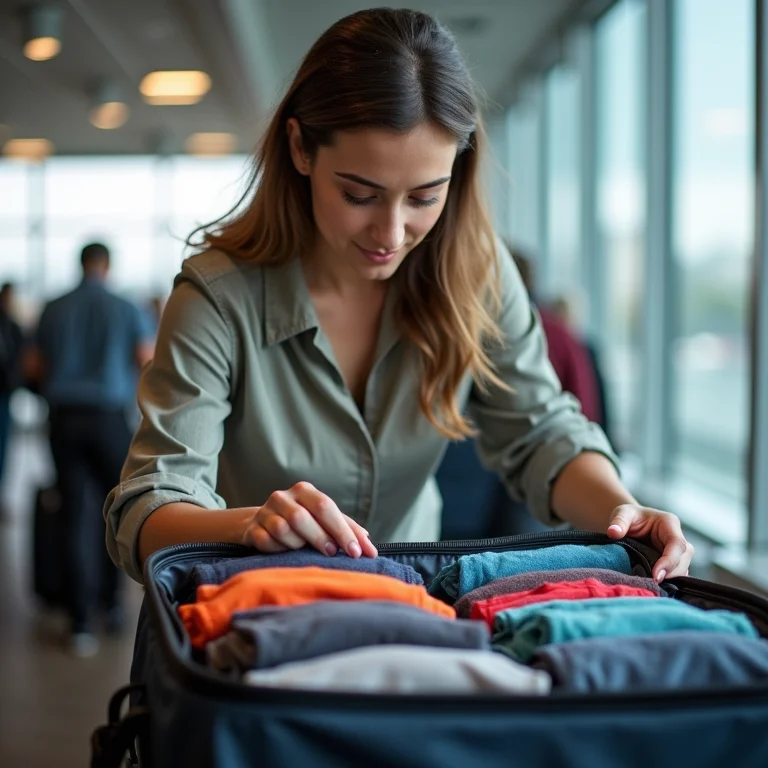 Mulher organizando sua bolsa pessoal no portão de embarque.