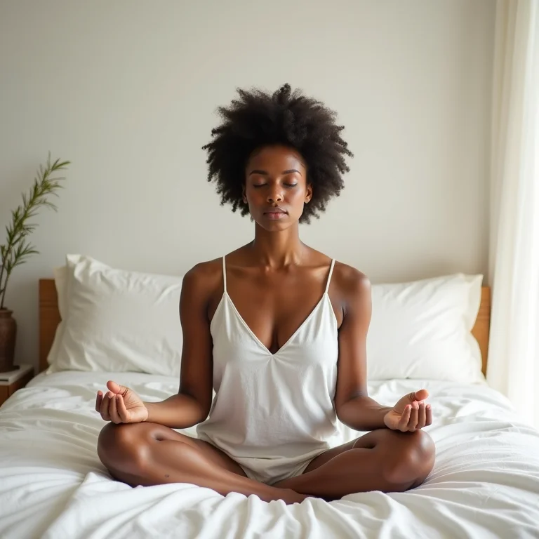 Mulher parda meditando em cama arrumada