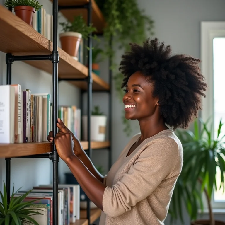 Mulher personalizando sua estante de canos DIY