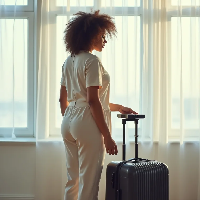 Mulher pesando mala de mão em balança digital