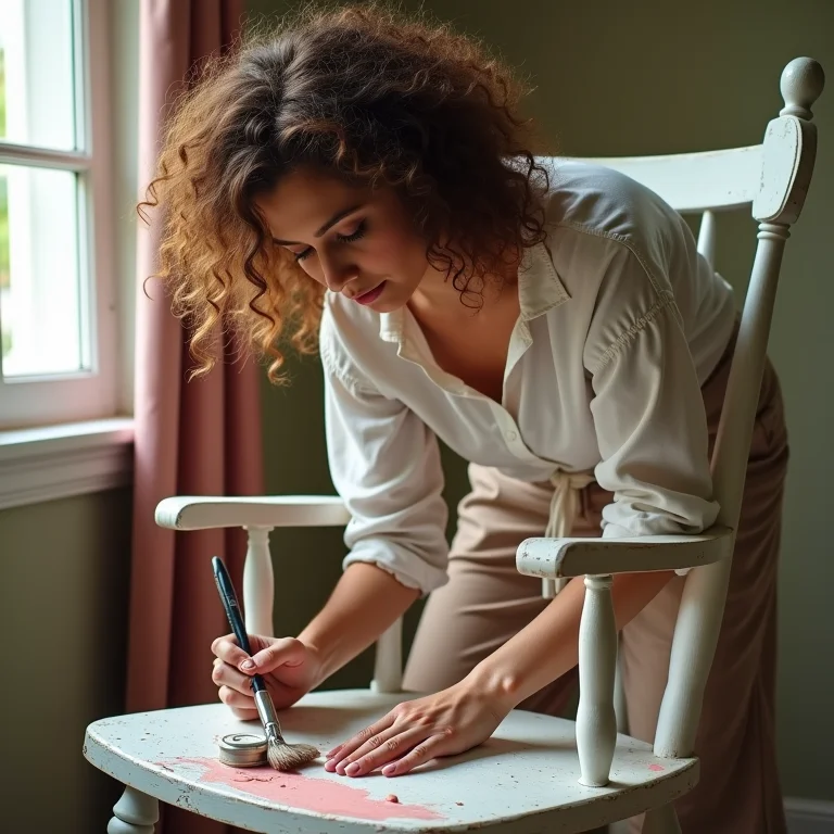 Mulher pintando cadeira de balanço com pincel