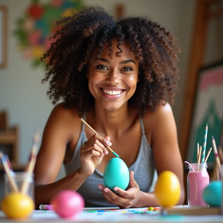Mulher pintando ovos de Páscoa com diferentes técnicas