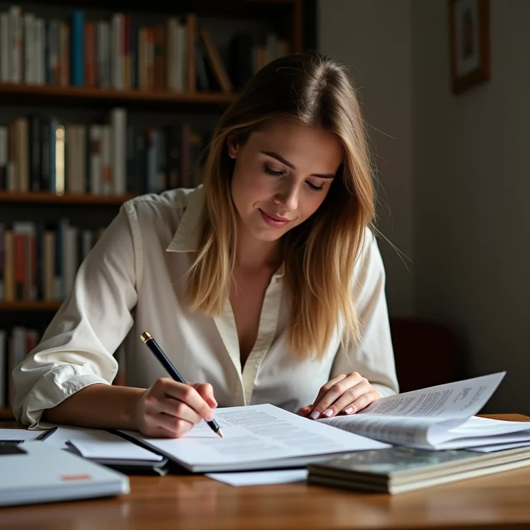 Mulher planejando a organização semanal de revistas e jornais