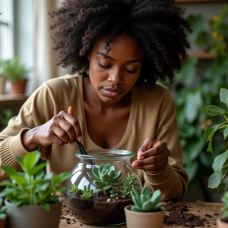Mulher plantando suculentas em um terrário.