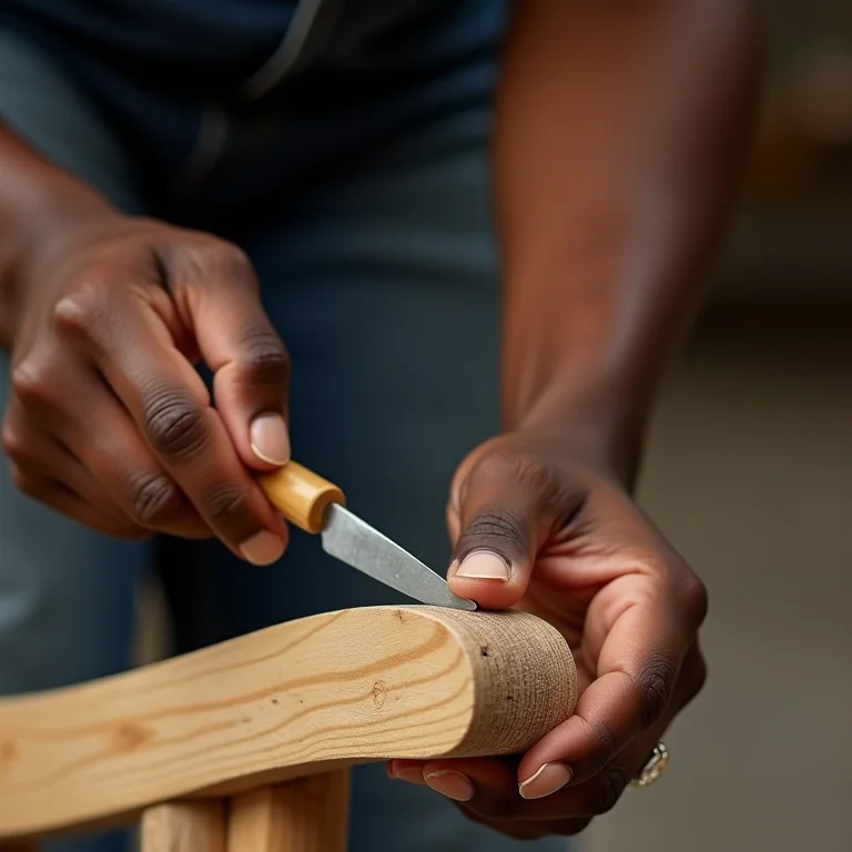 Mulher preenchendo rachaduras na cadeira de balanço com massa para madeira