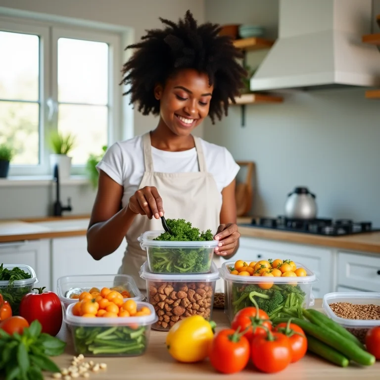 Mulher preparando ingredientes para a semana (meal prep)