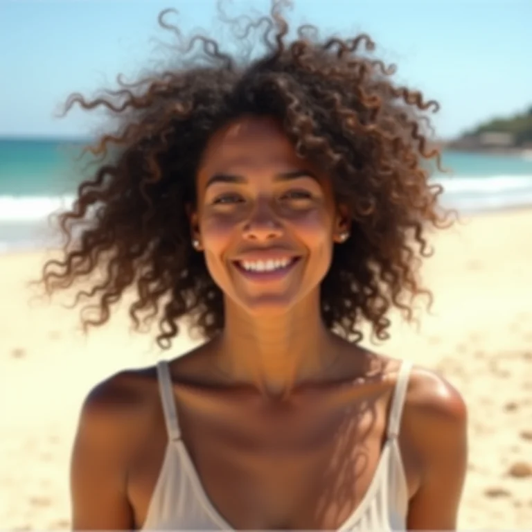 Mulher reaplicando protetor solar na praia em dia de vento