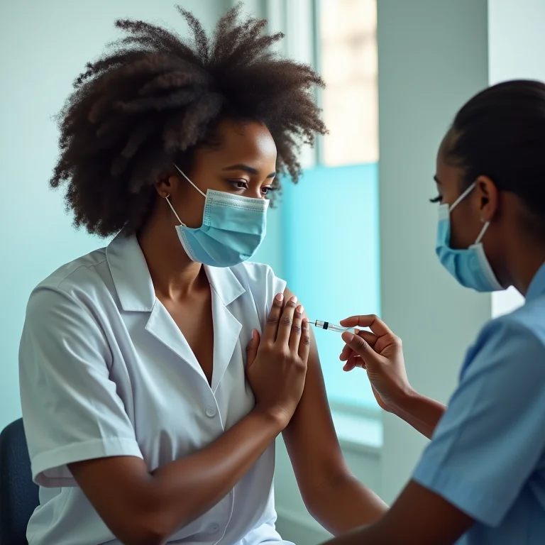 Mulher recebendo vacina em centro credenciado da ANVISA.