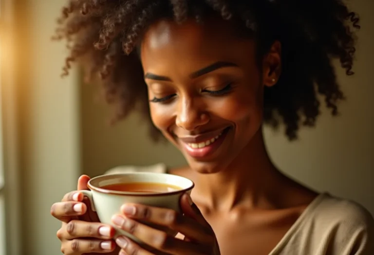 Mulher relaxando com xícara de chá em dia de autocuidado