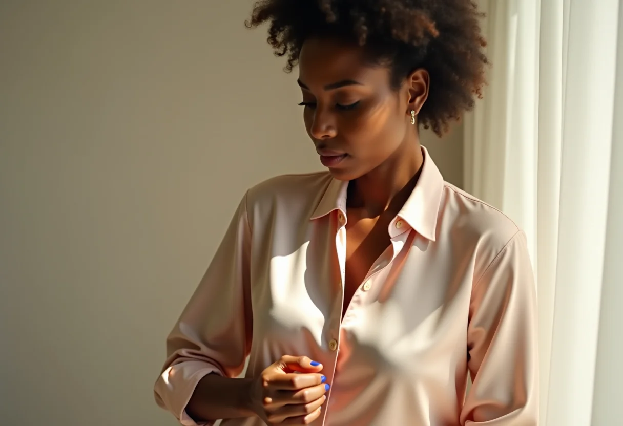 Mulher removendo etiqueta de blusa de seda sem danificar.