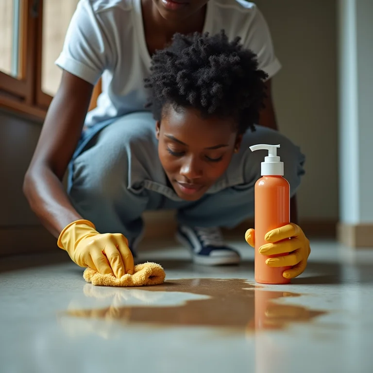 Mulher removendo mancha difícil de piso emborrachado