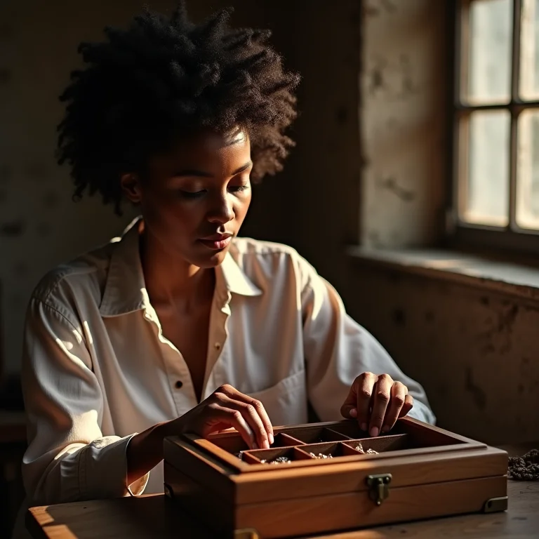 Mulher restaurando caixa de joias antiga com cuidado