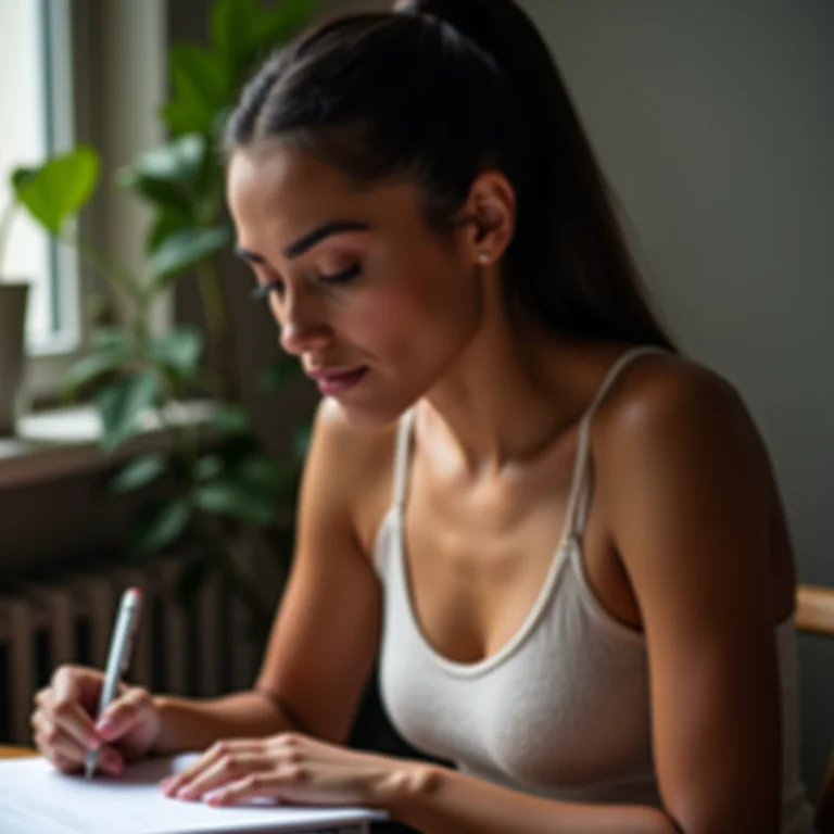 Mulher revisando anotações com metas claras definidas.