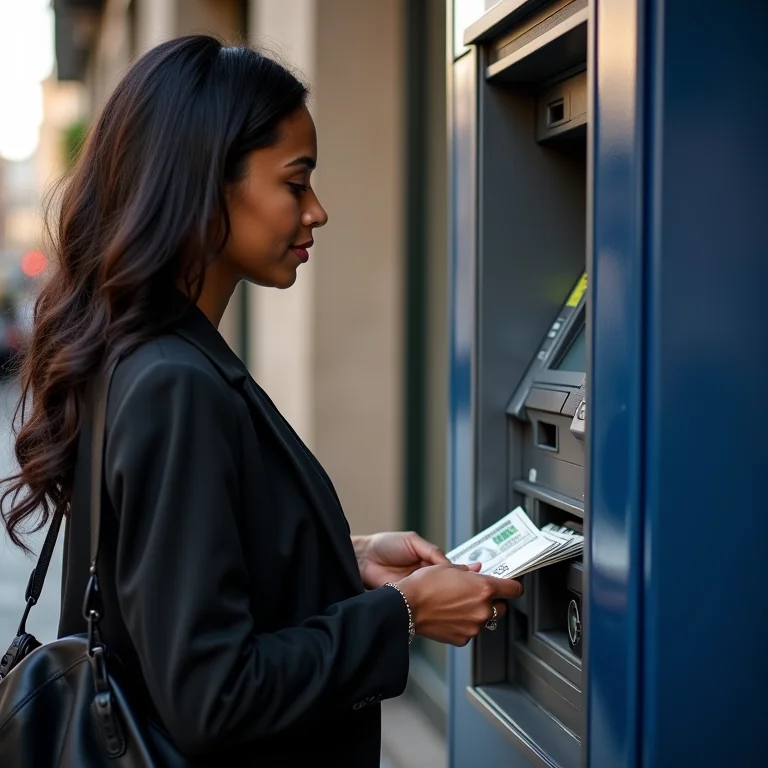 Mulher sacando dinheiro em um caixa eletrônico no exterior.