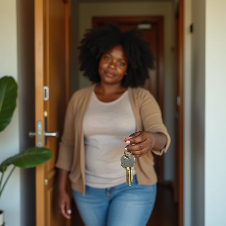Mulher segura chaves com confiança em frente à porta