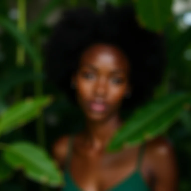 Mulher serena cercada por plantas Calatheas, transmitindo bem-estar.