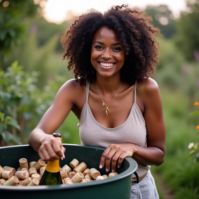 Mulher sorrindo ao compostar rolhas de champanhe em seu jardim