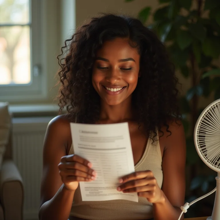 Mulher sorrindo ao ver conta de luz, com ventilador portátil ao lado.