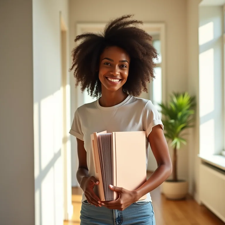Mulher sorrindo carrega pasta sanfonada em apartamento ensolarado