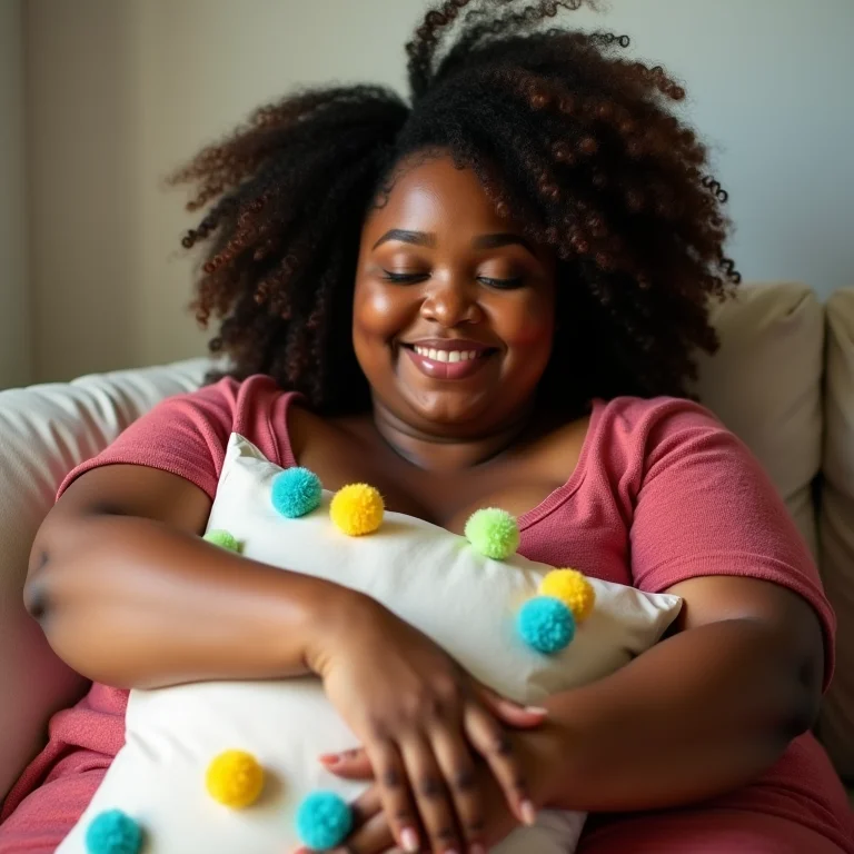 Mulher sorrindo com almofada decorada com pompons