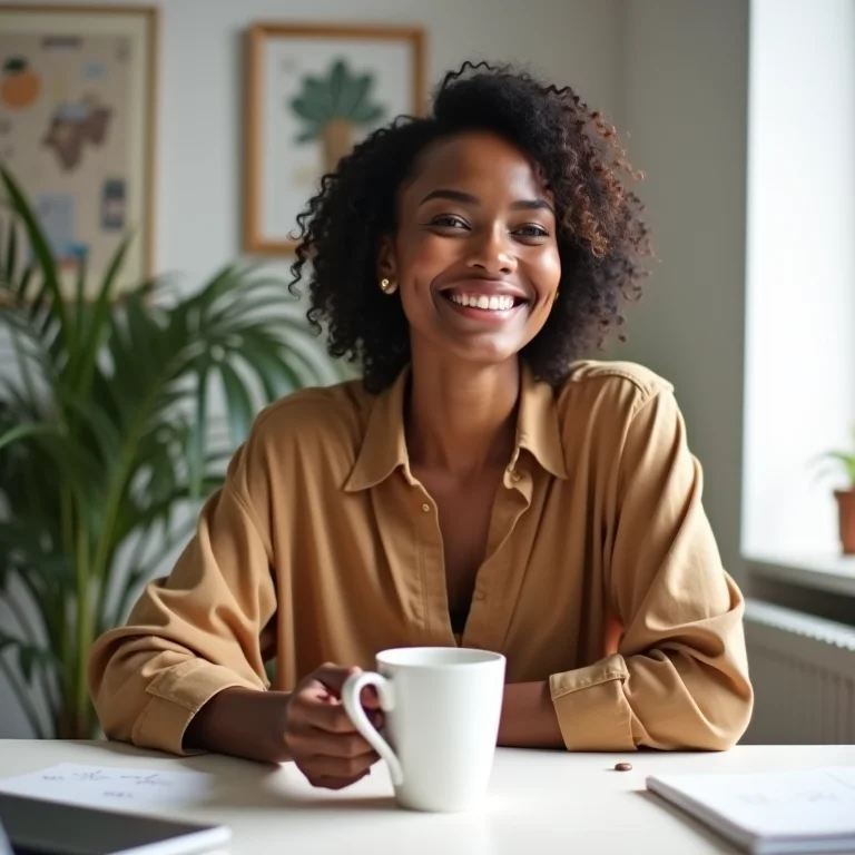 Mulher sorrindo em seu escritório em casa