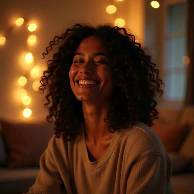 Mulher sorrindo em um ambiente iluminado por varal de luzes