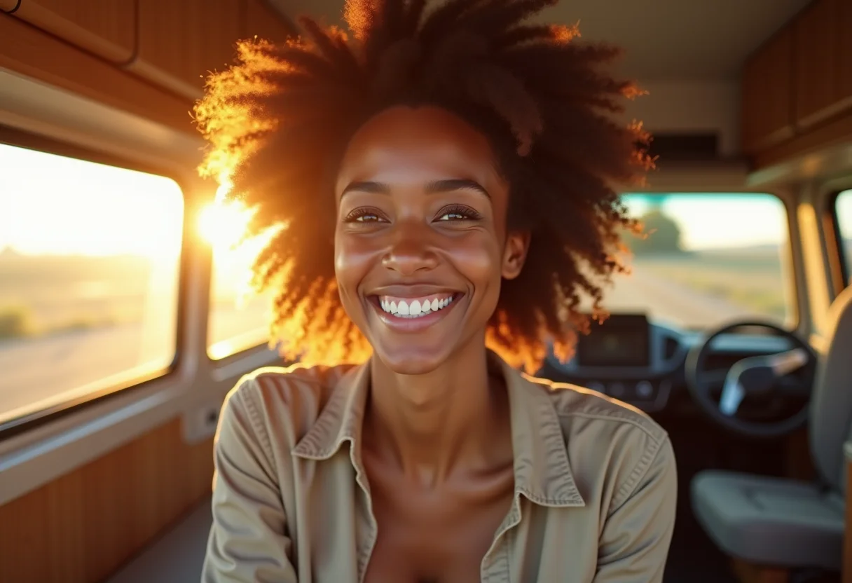 Mulher sorrindo em um motorhome moderno, pronta para a aventura.