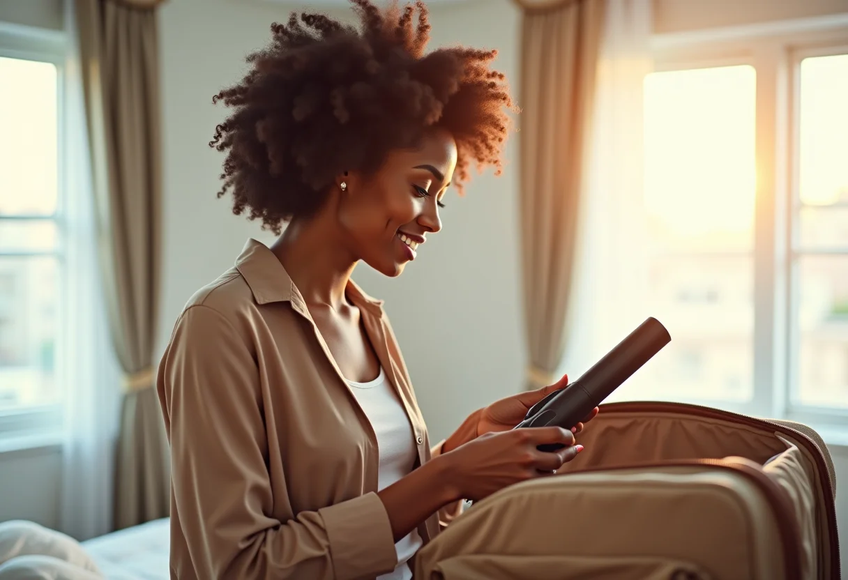 Mulher sorrindo enquanto coloca modelador de cachos na mala