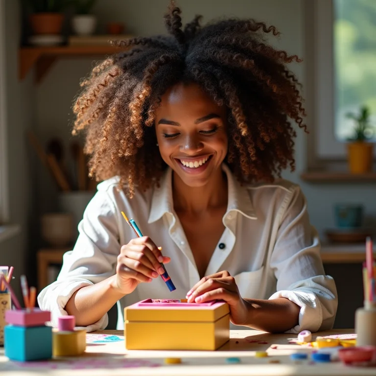 Mulher sorrindo enquanto customiza porta joias