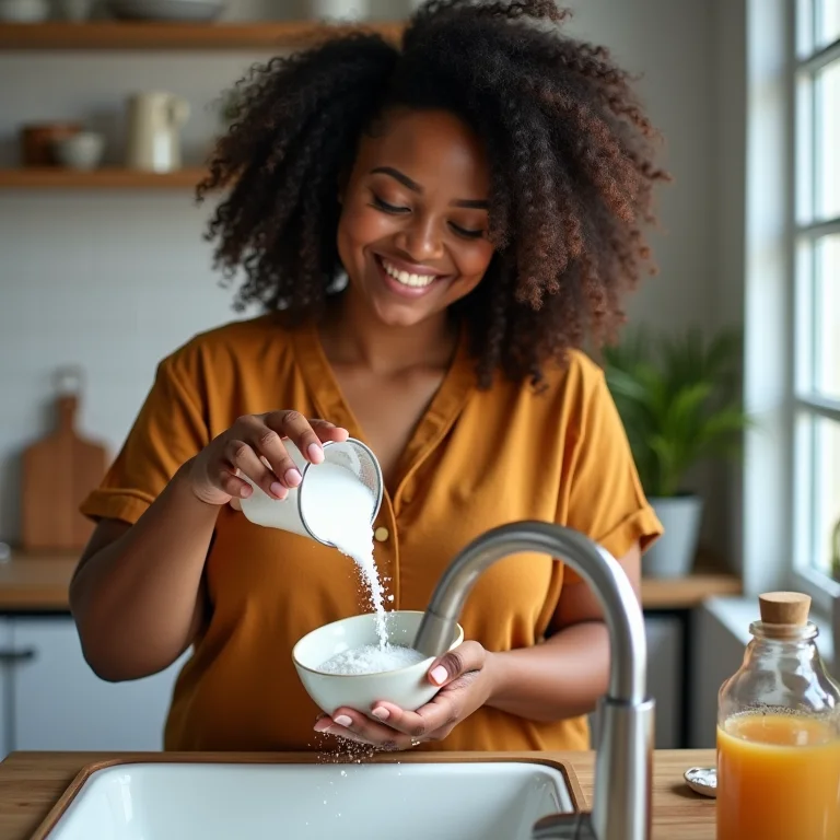 Mulher sorrindo enquanto despeja bicarbonato e vinagre em um ralo