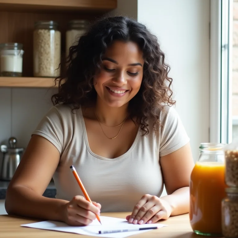 Mulher sorrindo enquanto faz lista de compras perto de despensa organizada.