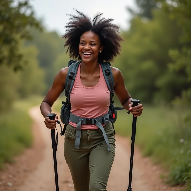 Mulher sorrindo enquanto usa bastões de caminhada retráteis, demonstrando conforto