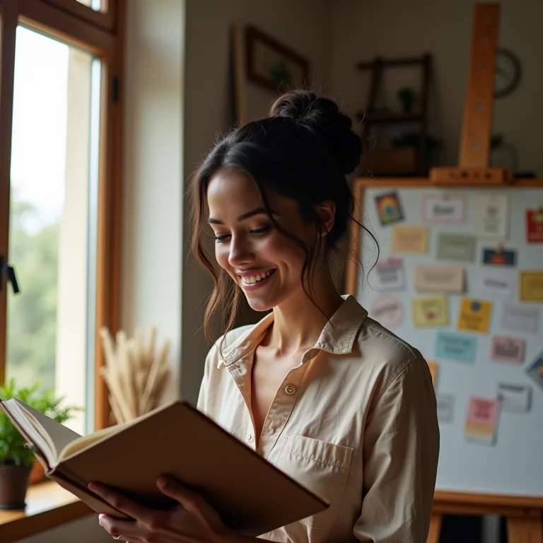 Mulher sorrindo para seu mural de inspiração em casa