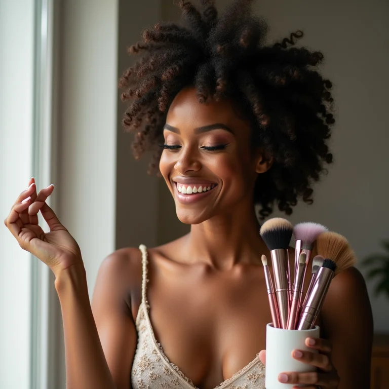 Mulher sorrindo pega pincel de maquiagem organizado