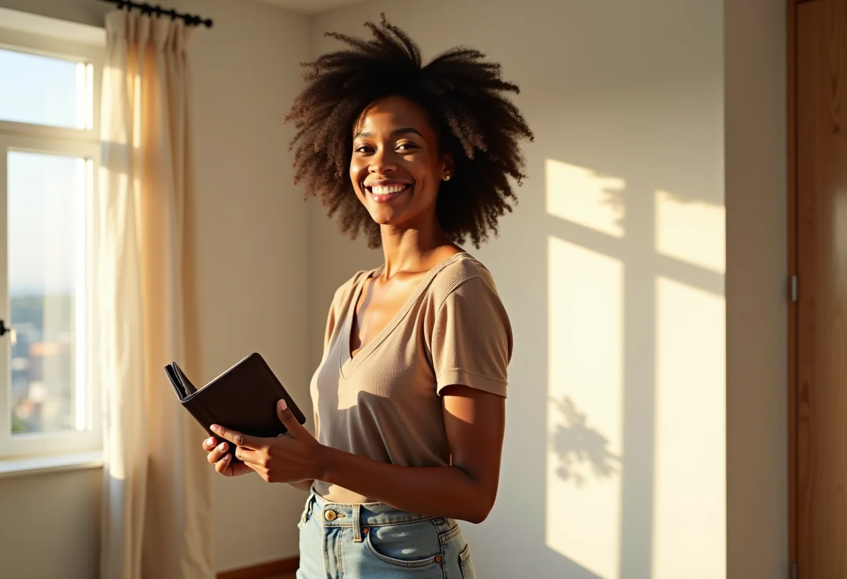 Mulher sorrindo segurando carteira minimalista em apartamento iluminado