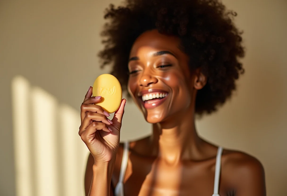 Mulher sorrindo segurando shampoo sólido